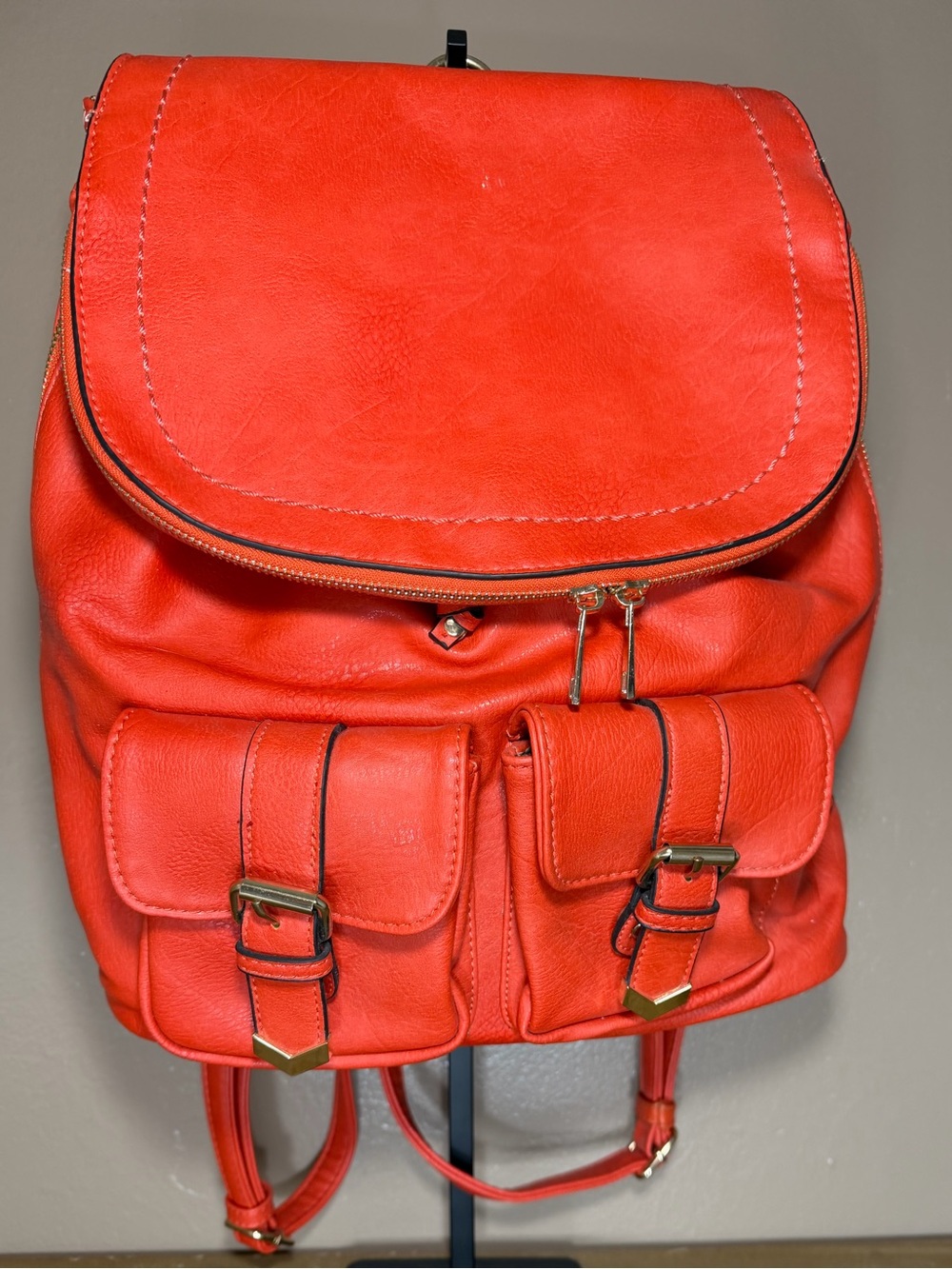 Classic Red Women's Faux Leather Backpack with Front Pockets